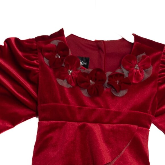 Isobella & Chloe Size 3T Girls Red Velvet Dress With Floral Appliqués & Tulle - Picture 2 of 8